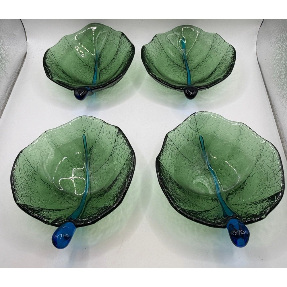 Dynasty Gallery Art Glass Green Leaf Bowl Fused Blue Glass Stem Set Of 4